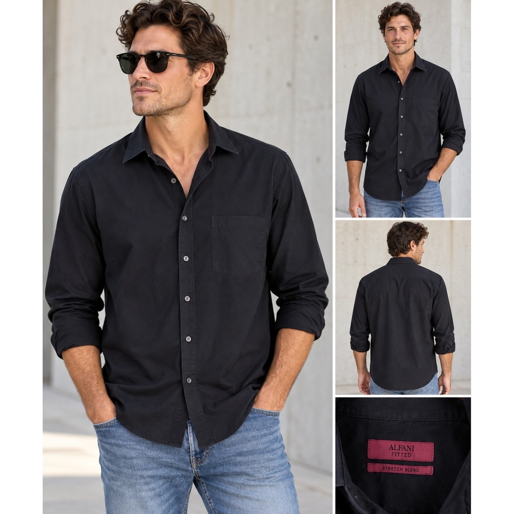 Minimalist Classic Stretch Button Up Shirt Alfani Fitted Black Mens XL